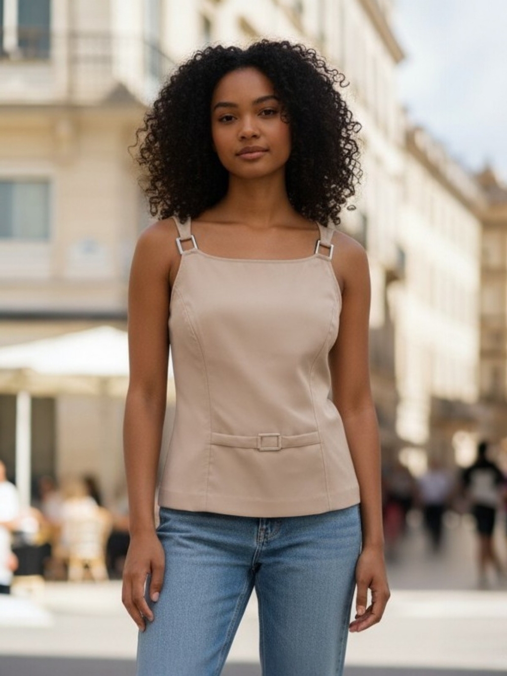 Vintage Y2K 90's Minimalist Beige Fitted Camisole Top Metal Accents Old Money